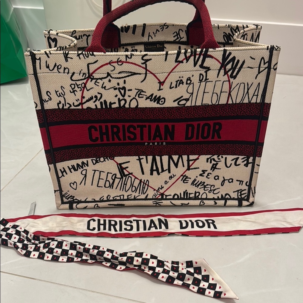 Dior Red and Cream Tote Bag with Bold Branding